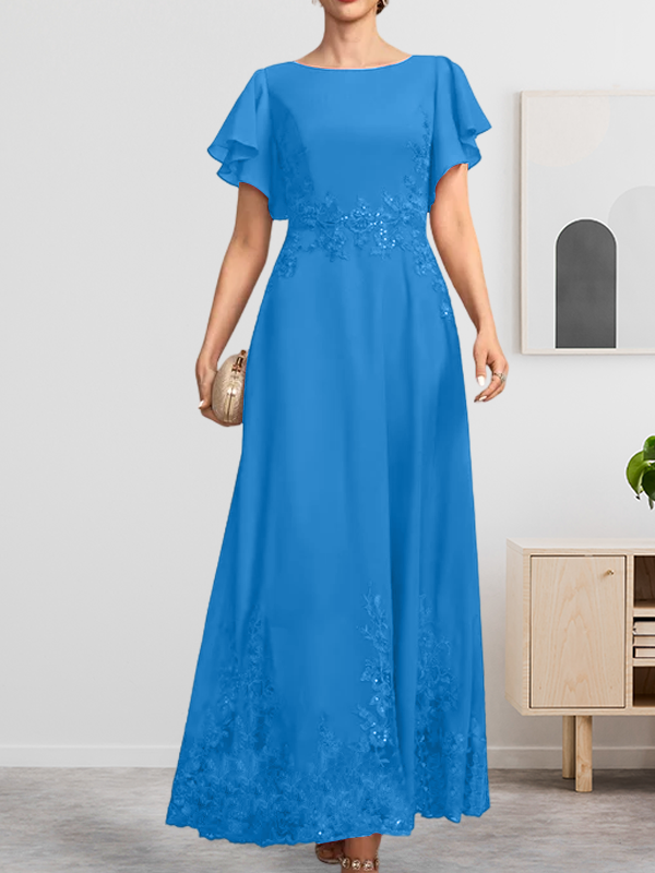 A-Linien-Kleid mit Rundhalsausschnitt, knöchellang, aus Spitze und Chiffon, mit Pailletten besetzt