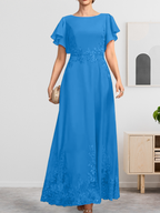 A-Linien-Kleid mit Rundhalsausschnitt, knöchellang, aus Spitze und Chiffon, mit Pailletten besetzt