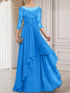 A-Linien-Kleid mit U-Boot-Ausschnitt, Illusion-Effekt, bodenlang, aus Chiffon und Spitze, mit Kaskadenrüschen – perfekt für die Mutter der Braut
