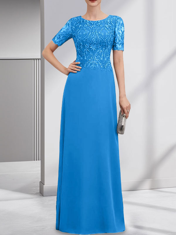 A-Linien-Kleid aus Chiffon mit Pailletten und Rundhalsausschnitt, bodenlang, für die Mutter der Braut