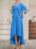A-Linien-Kleid aus Chiffon mit V-Ausschnitt, asymmetrischem Muster und Perlen- und Paillettenbesatz für die Mutter der Braut