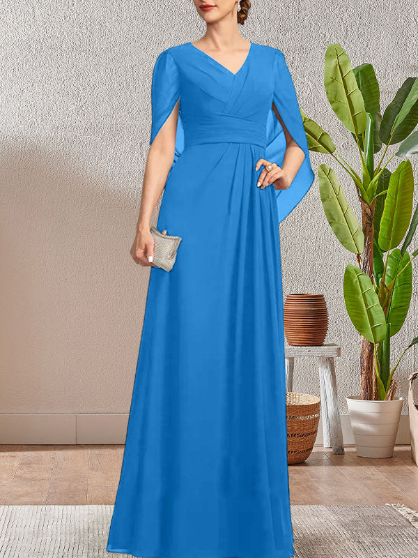 Vestido largo para madre de la novia con escote en V y corte A en azul marino oscuro