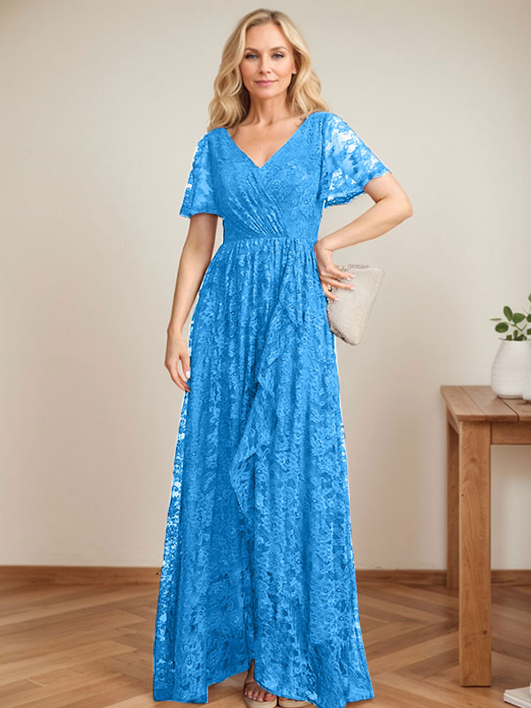 A-Linien-Kleid mit V-Ausschnitt, asymmetrischem Spitzenbesatz und Kaskadenrüschen für die Mutter der Braut 