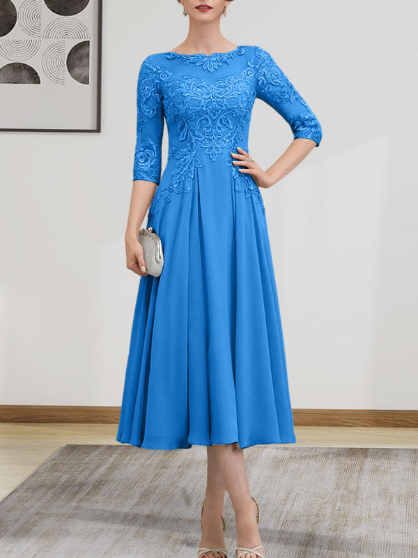 A-Linien-Kleid mit U-Boot-Ausschnitt, Illusion-Detail, Teelänge, Chiffonspitze, Perlenstickerei und Pailletten für die Mutter der Braut