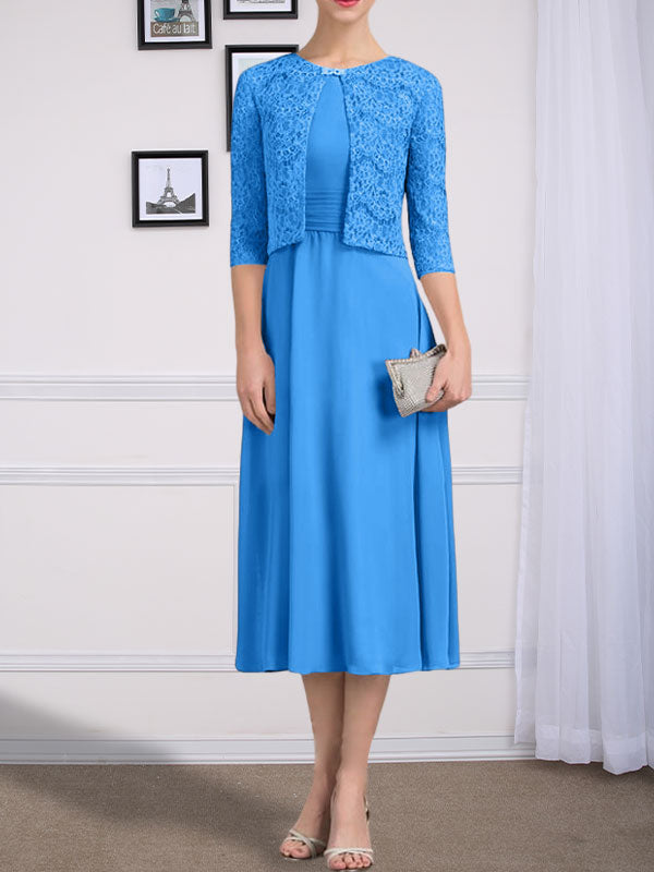 Vestido de gasa para madre de la novia, corte A, escote redondo, largo hasta la rodilla, con pliegues