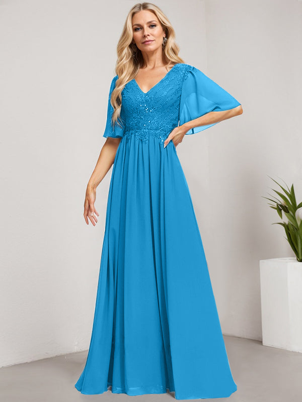 Vestido de gasa con encaje y lentejuelas para madre de la novia, corte A, escote en V y largo hasta el suelo 
