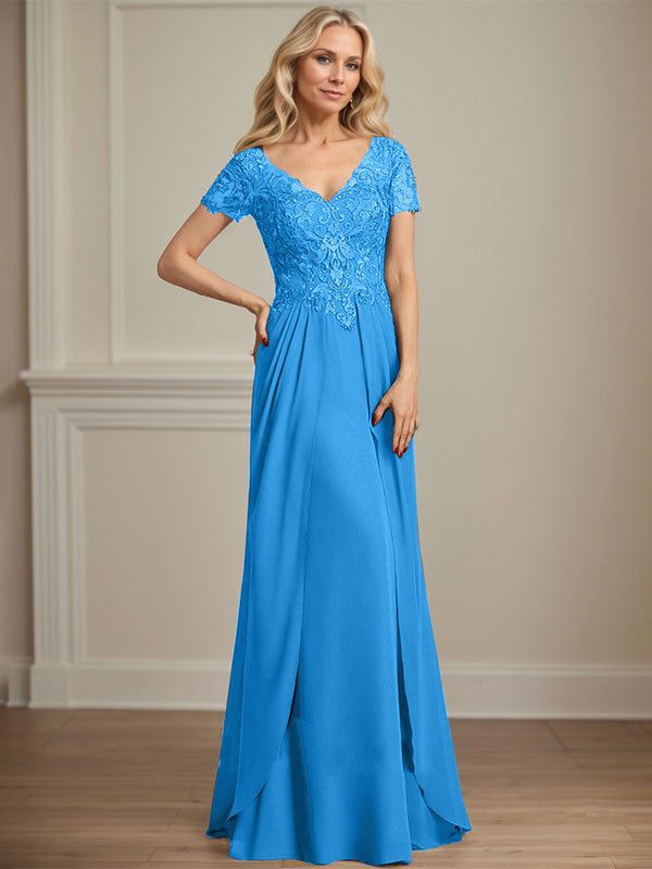 Vestido de gasa con encaje y escote en V hasta el suelo para madre de la novia con volantes en cascada y lentejuelas 