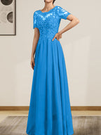 Vestido de gasa con encaje y lentejuelas para madre de la novia, largo hasta el suelo, con escote en A y ilusión