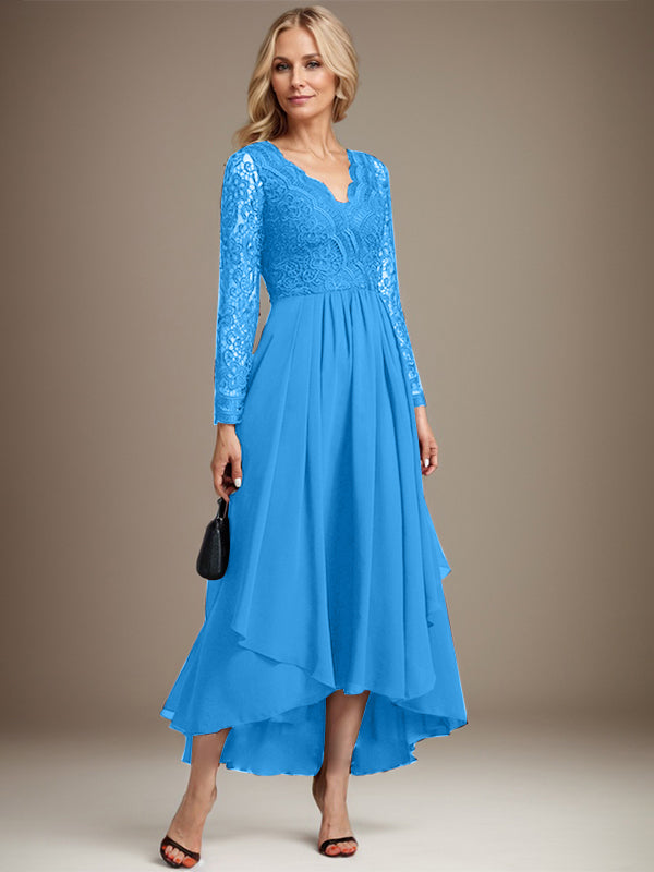 A-Linien-Kleid aus Chiffon mit V-Ausschnitt und asymmetrischer Spitze für die Mutter der Braut