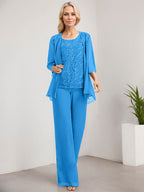 Zweiteiliger Jumpsuit/Hosenanzug, bodenlanges Chiffon-Kleid mit Spitze und Pailletten für die Mutter der Braut