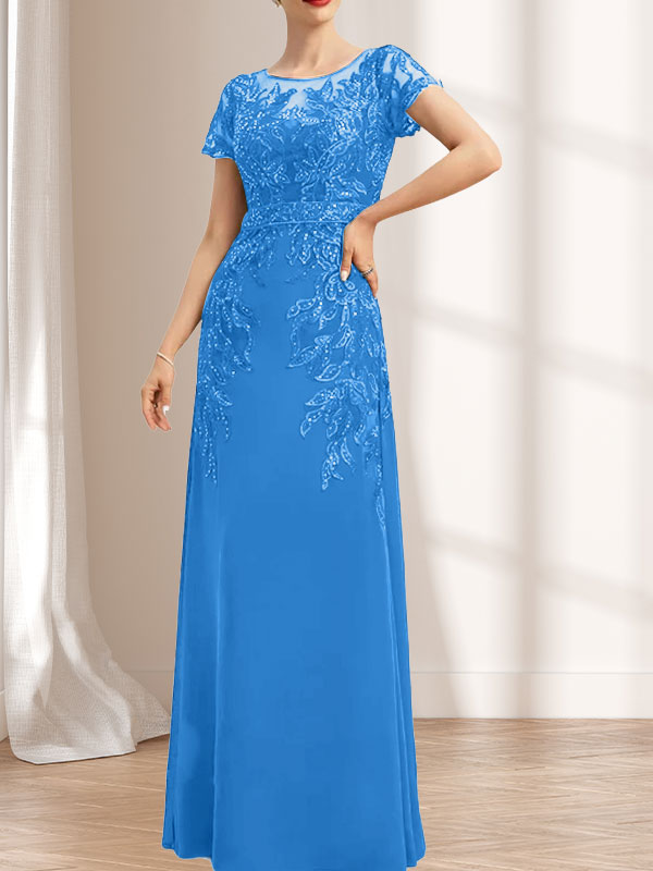 Etuikleid/Säulenkleid mit Illusion-Ausschnitt, bodenlang, aus Chiffon und Spitze mit Pailletten für die Mutter der Braut