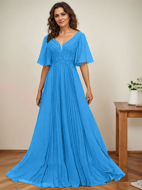 A-Linien-Kleid aus Chiffon mit V-Ausschnitt, bodenlang, mit Paillettenapplikationen, Spitze und Falten für die Mutter der Braut 