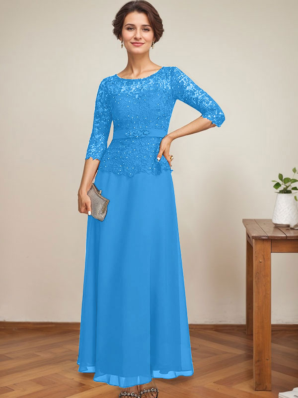 Vestido de gasa con encaje y escote ilusión hasta los tobillos para madre de la novia con cuentas de diamantes de imitación 