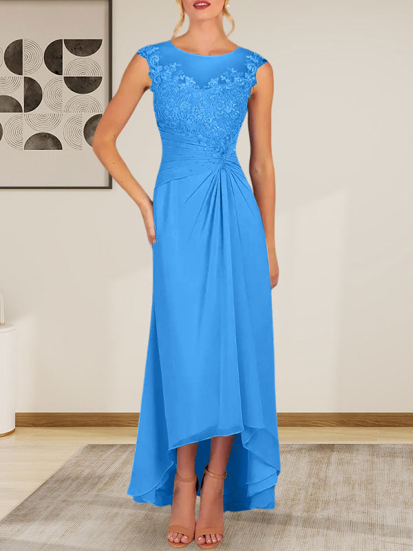 Champagnerfarbenes A-Linien-Chiffonkleid mit Rundhalsausschnitt und Spitze