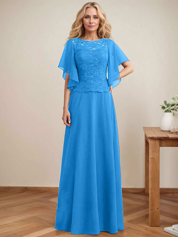 Vestido de madre de la novia de gasa con encaje, ilusión, largo hasta el suelo, corte A y lentejuelas 