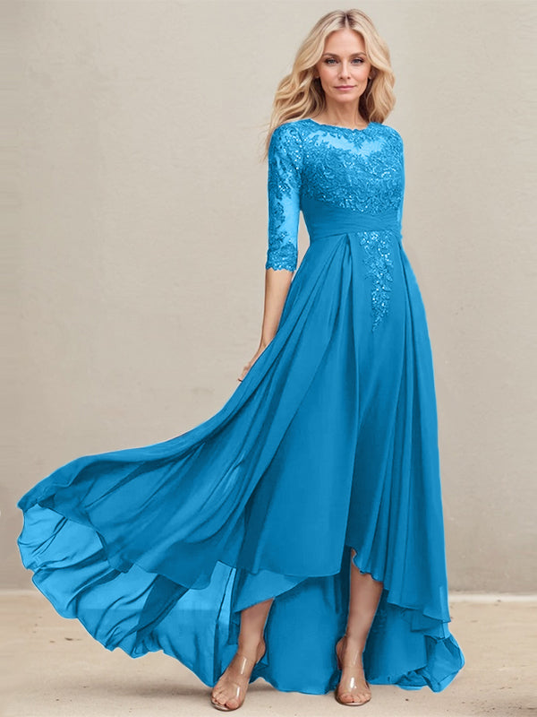 Vestido de madre de la novia de gasa con encaje asimétrico, ilusión, corte A y lentejuelas plisadas 