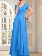 A-Linien-Kleid mit herzförmigem Herzausschnitt, bodenlang, aus Chiffon und Spitze, mit Perlenstickerei und Kaskadenrüschen – ideal für die Mutter der Braut