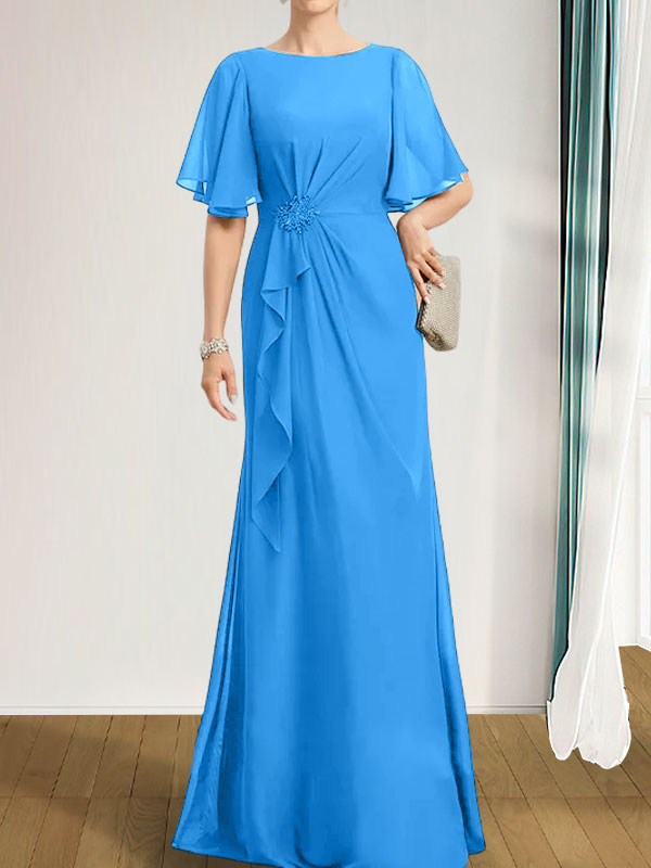 A-Linien-Kleid aus Chiffon in Bodenlänge für die Mutter der Braut mit kaskadenartigen Rüschen, Perlen und Pailletten