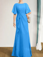 A-Linien-Kleid aus Chiffon in Bodenlänge für die Mutter der Braut mit kaskadenartigen Rüschen, Perlen und Pailletten
