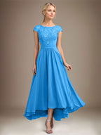 A-Linien-Kleid aus Chiffon mit asymmetrischem, plissiertem Spitzeneinsatz und Illusion-Ausschnitt für die Mutter der Braut 