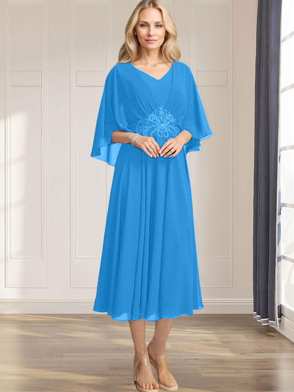 A-Linien-Kleid aus Chiffon mit V-Ausschnitt, Teelänge, plissierten Paillettenapplikationen und Perlenstickerei für die Mutter der Braut 