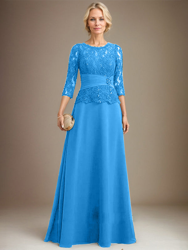 A-Linien-Kleid mit U-Boot-Ausschnitt, Illusion-Detail, bodenlang, aus Chiffonspitze, mit plissierten Pailletten und Perlenstickerei für die Mutter der Braut. 