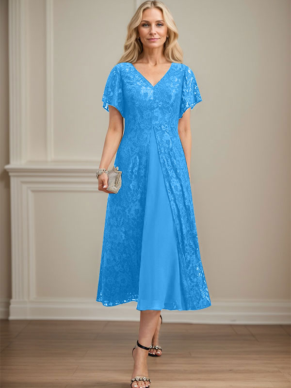 A-Linien-Kleid aus Chiffon mit V-Ausschnitt und Teelänge für die Mutter der Braut 