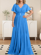 A-Linien-Chiffonkleid mit V-Ausschnitt, bodenlang, für die Mutter der Braut, mit Kristallbrosche und Falten 