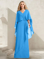 A-Linien-Kleid aus Chiffon mit V-Ausschnitt, bodenlang, mit Kaskadenrüschen und Perlenstickerei für die Mutter der Braut. 