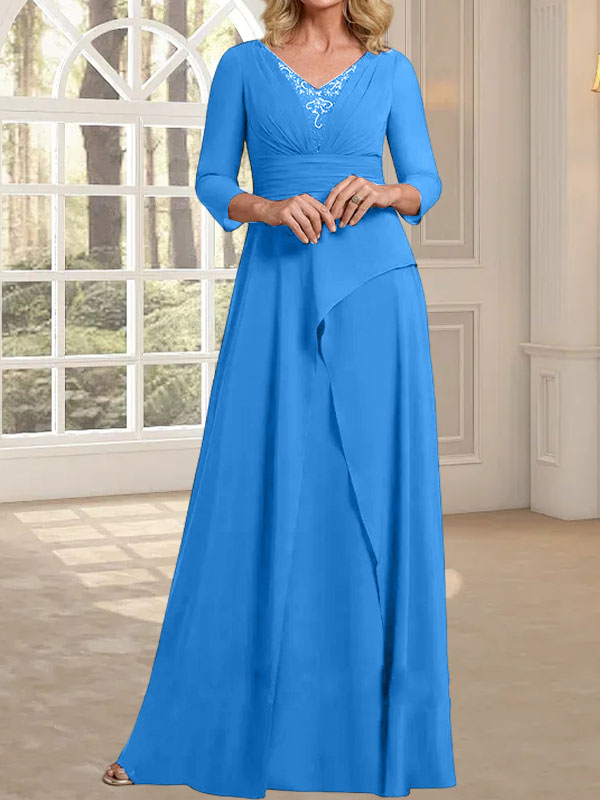 A-Linien-Kleid aus Chiffon mit V-Ausschnitt, bodenlang, für die Mutter der Braut, mit plissierter Perlenstickerei
