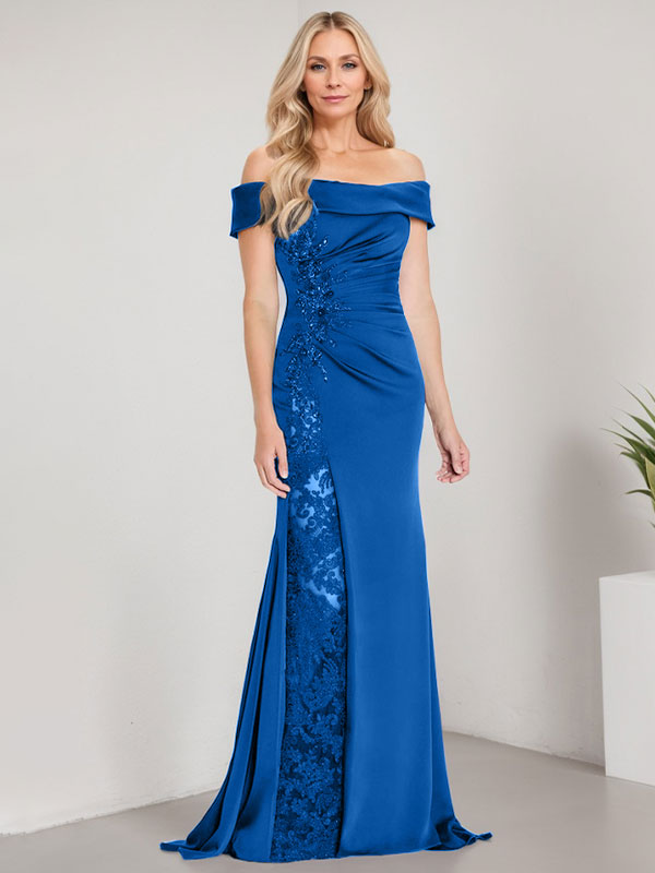 Vestido de sirena con escote en A, hombros descubiertos y largo hasta el suelo para madre de la novia, apliques y cuentas, con abertura alta 