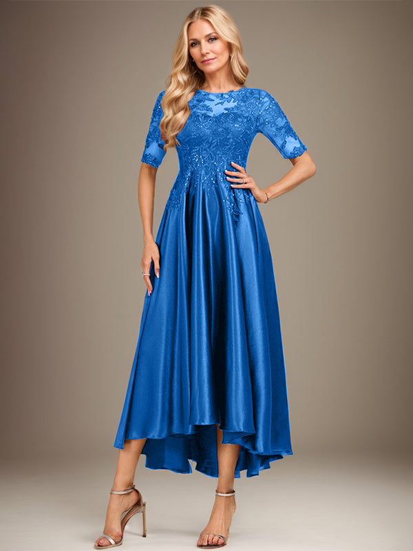 A-Linien-Kleid mit asymmetrischem, transparentem Ausschnitt, Stretch-Satinspitze und Pailletten für die Mutter der Braut 