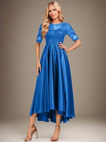 A-Linien-Kleid mit asymmetrischem, transparentem Ausschnitt, Stretch-Satinspitze und Pailletten für die Mutter der Braut 