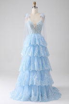 Princess Spaghetti Straps Tiered Corset Prom Dress with Appliques