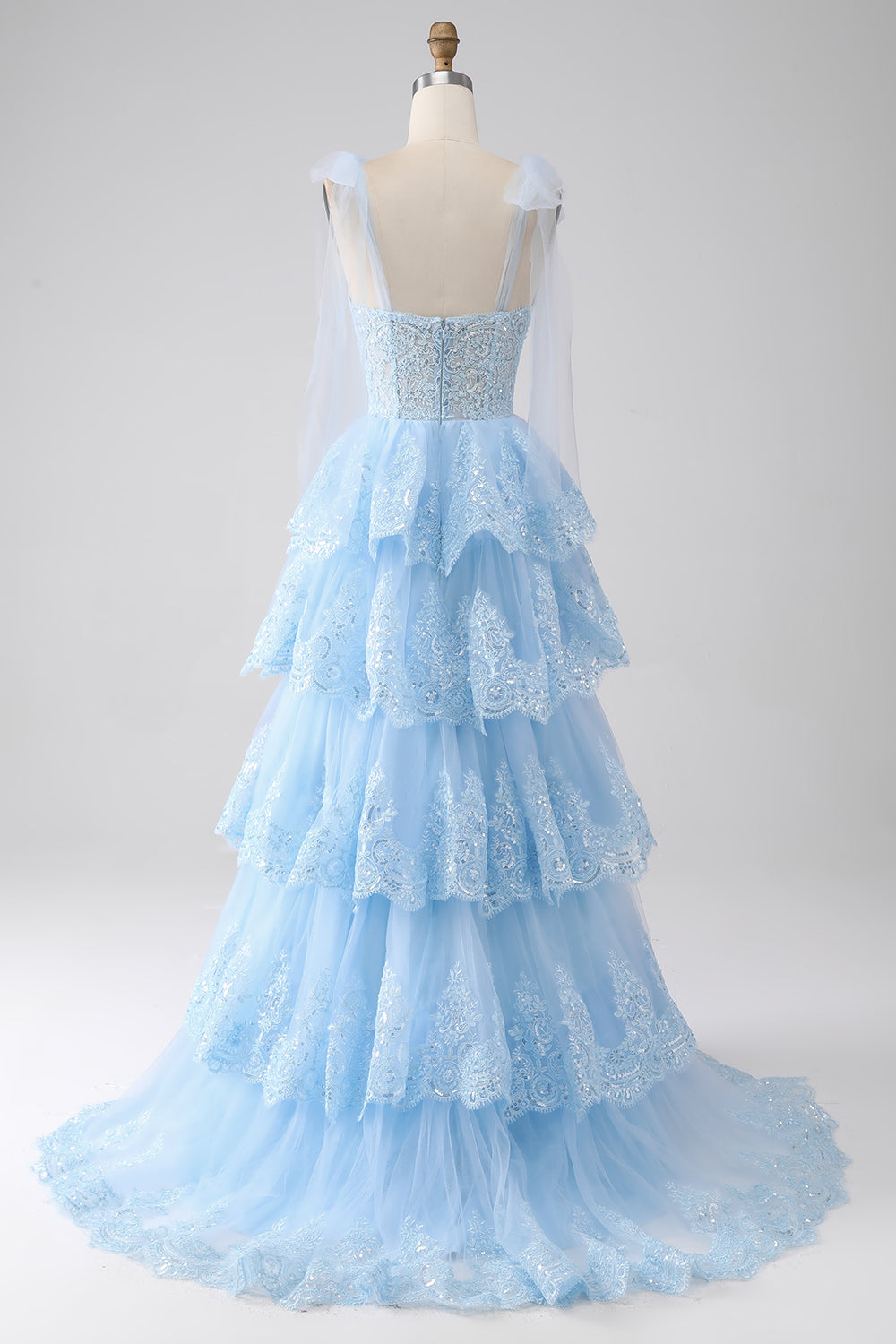Princess Spaghetti Straps Tiered Corset Prom Dress with Appliques
