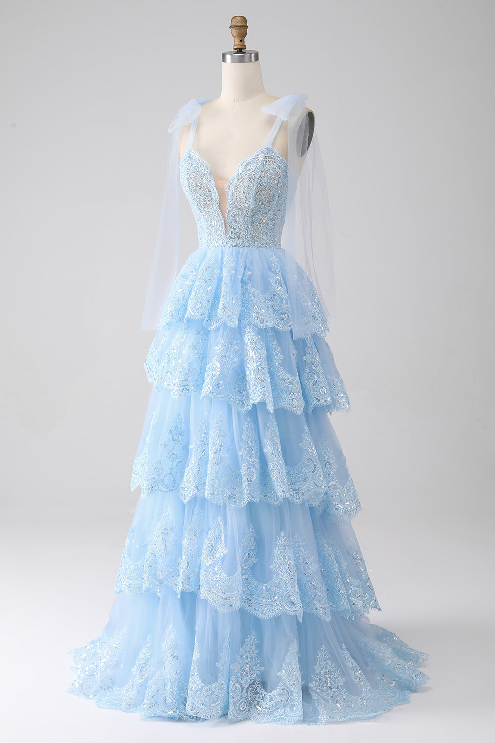 Princess Spaghetti Straps Tiered Corset Prom Dress with Appliques