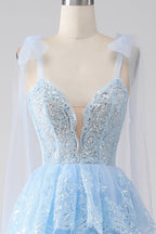 Princess Spaghetti Straps Tiered Corset Prom Dress with Appliques