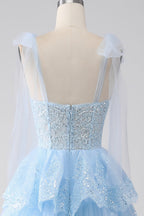 Princess Spaghetti Straps Tiered Corset Prom Dress with Appliques