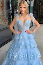 Princess Spaghetti Straps Tiered Corset Prom Dress with Appliques