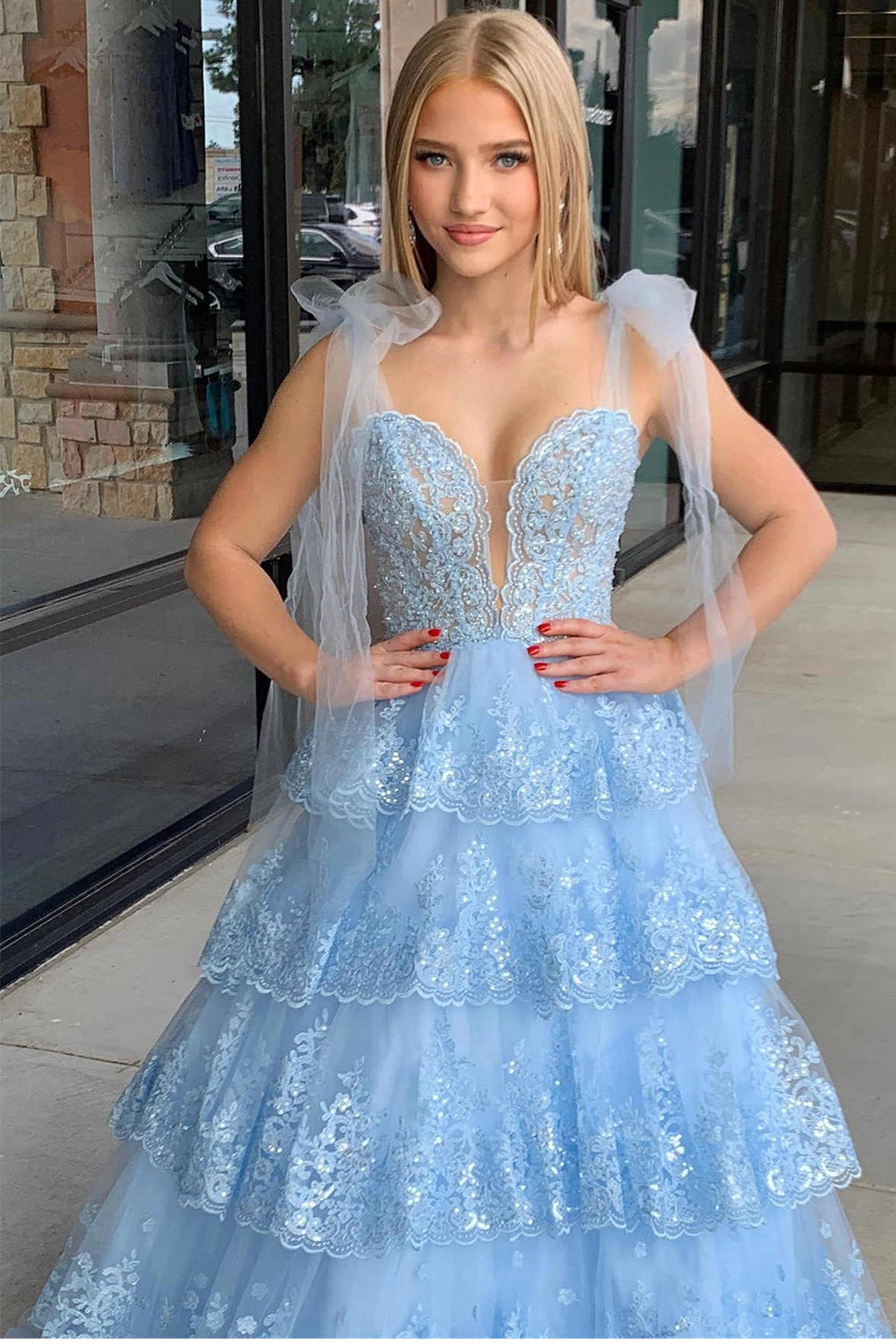 Princess Spaghetti Straps Tiered Corset Prom Dress with Appliques