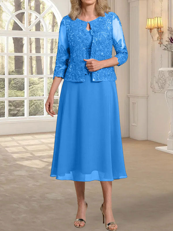 Vestido de gasa con encaje y lentejuelas para madre de la novia, corte A, escote redondo y largo hasta la rodilla 