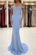 Vestidos de fiesta de sirena de gasa con hombros descubiertos y encaje, vestidos de noche