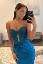 Satin Mermaid Strapless Long Prom Dresses With Lace Appliques
