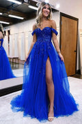 Tulle A-line Off-the-Shoulder Lace Appliques Prom Dress With Slit