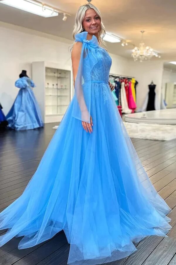 Tulle A-line One Shoulder Lace Appliques Prom Dresses With Slit