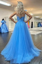 Tulle A-line One Shoulder Lace Appliques Prom Dresses With Slit