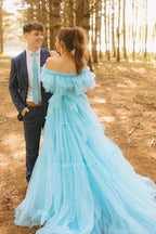Tüll A-Linie Rüschen Off Shoulder Langes Ballkleid, Partykleid