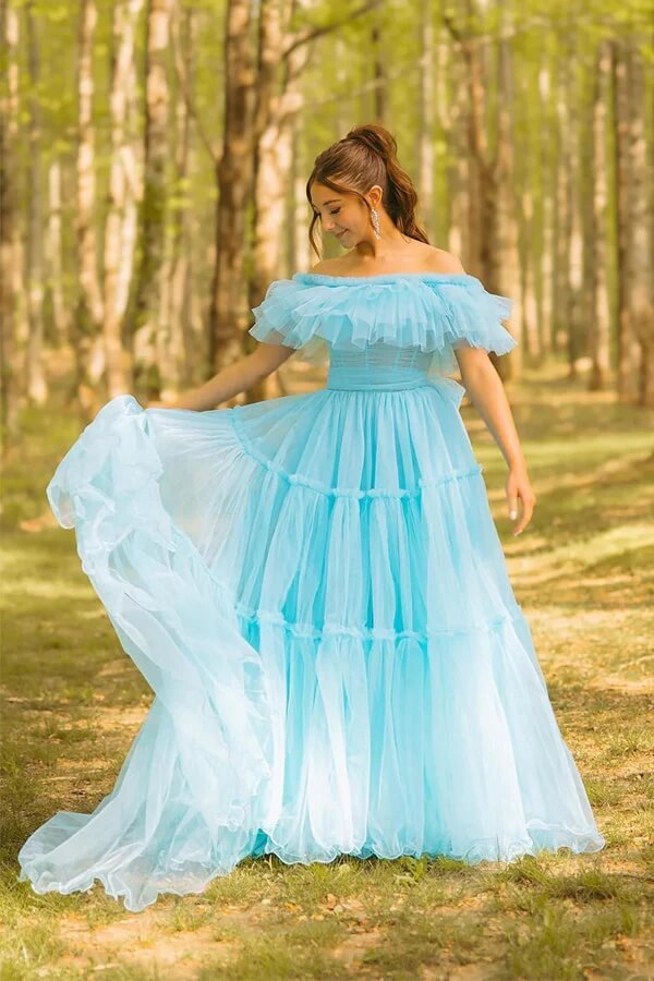 Tüll A-Linie Rüschen Off Shoulder Langes Ballkleid, Partykleid