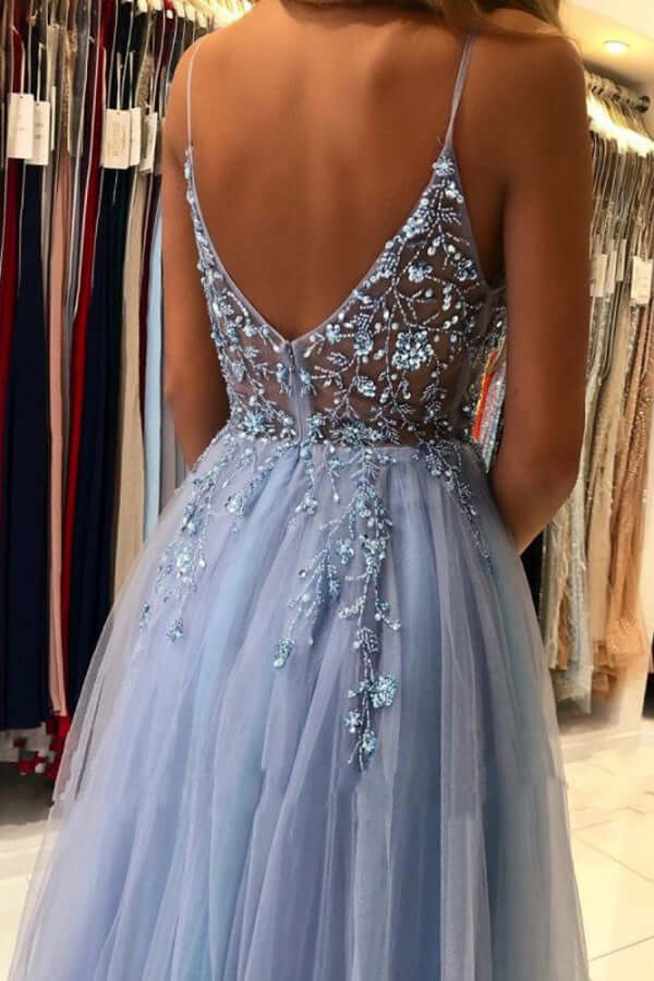 Tüll A-Linie V-Ausschnitt Perlenbesetztes langes Ballkleid, langes Abendkleid