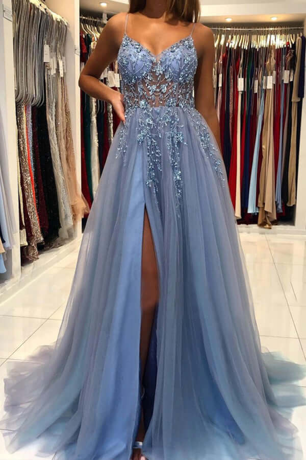 Tüll A-Linie V-Ausschnitt Perlenbesetztes langes Ballkleid, langes Abendkleid